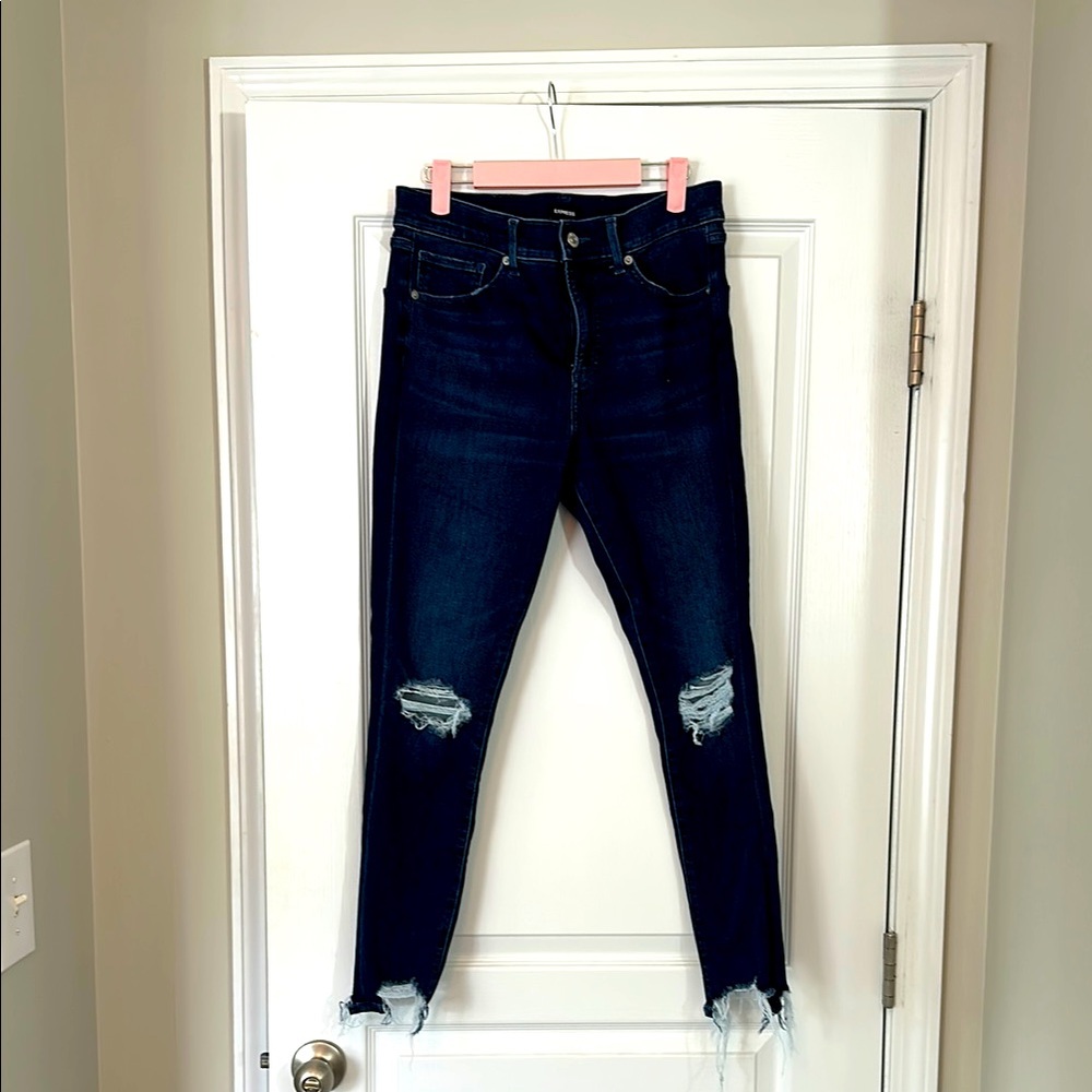 Express Dark Blue Distressed Skinny Jeans mid rise size 10R